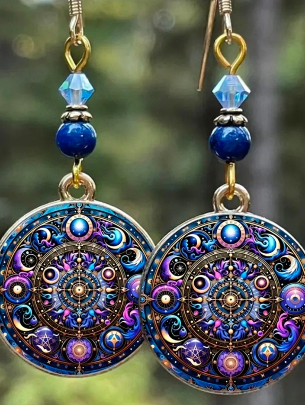 ASTROLOGY PHASES OF THE MOON Drop Earrings. Purple And Blue. - Picture 7 of 7
